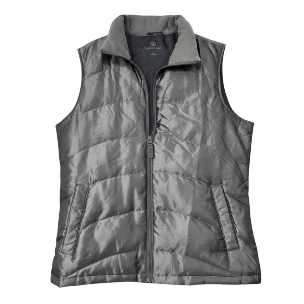 LANDS' END Dark Silver Shiny Puffer Vest GOOSE DOWN Full Zip Pockets 10-12 sz M